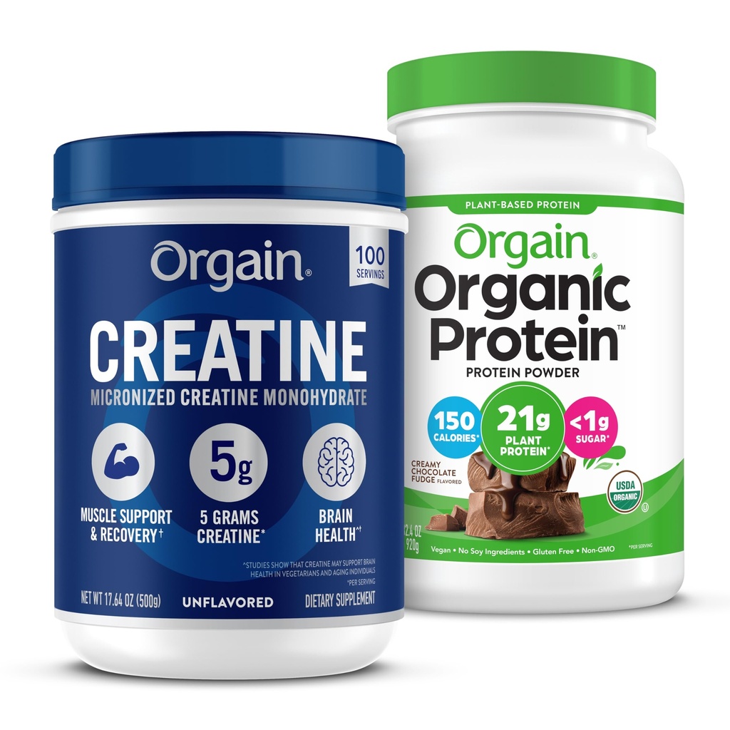 Orgain Creatine Monohydrat Pulver (17.64 Oz, 100 Servierungen) & Bio Vegan Schokolade Fudge Protein Pulver (2.03 lb) Bundle - Pflanzenbasierte Protein & Muskelunterstützung