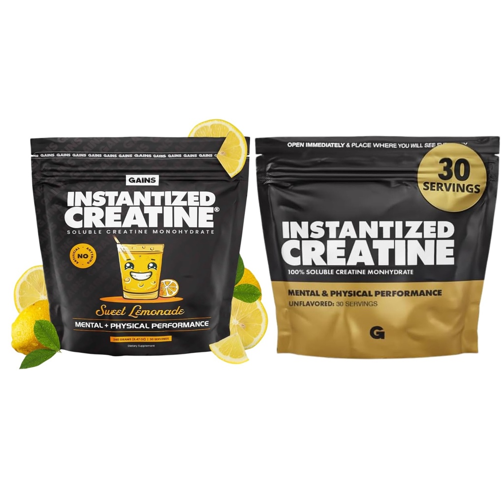 Gewinne in Bulk Instantized Kreatin Monohydrat für Frauen und Männer, Soluble Pre Workout Powder, unterstützt Muskelaufbau, Kraft und Leistung, Unflavored und Sweet Lemonade, 60 Servierungen