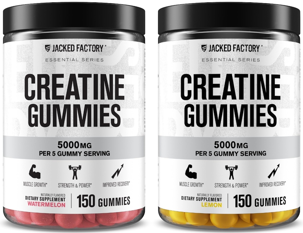 Jacked Factory Creatine Monohydrate Gummies 5g Daily Dose (1g pro Gummy) - Creatine Gummy für Männer und Frauen, Vegan-Friendly, Reisen-Friendly, Third-Party Getestet - 150 Gummies, Watermelon & Lemon