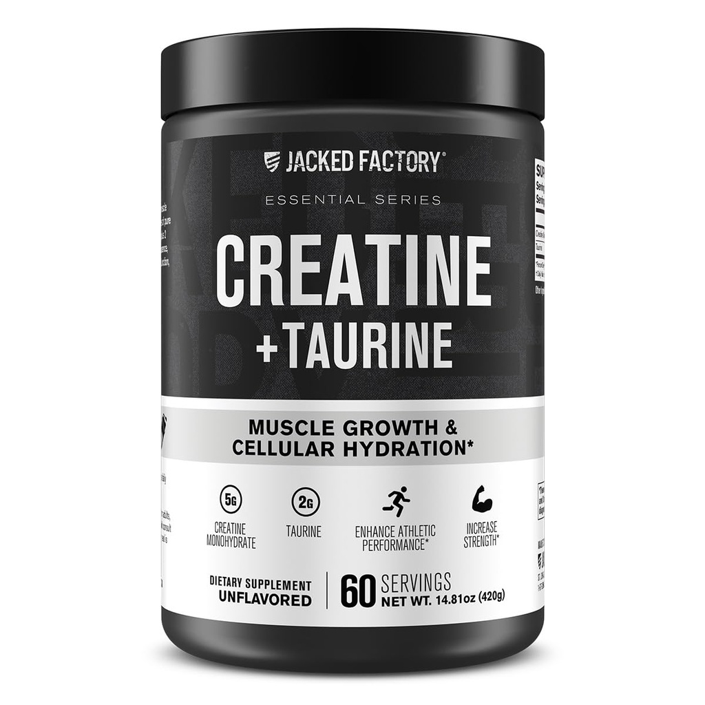 Jacked Factory Creatine + Taurine - Kreatin-Monohydrat 5000mg mit Taurine 2000mg für erhöhte Muskelkraft und zelluläre Hydration - 60 Servierungen, Unflavored
