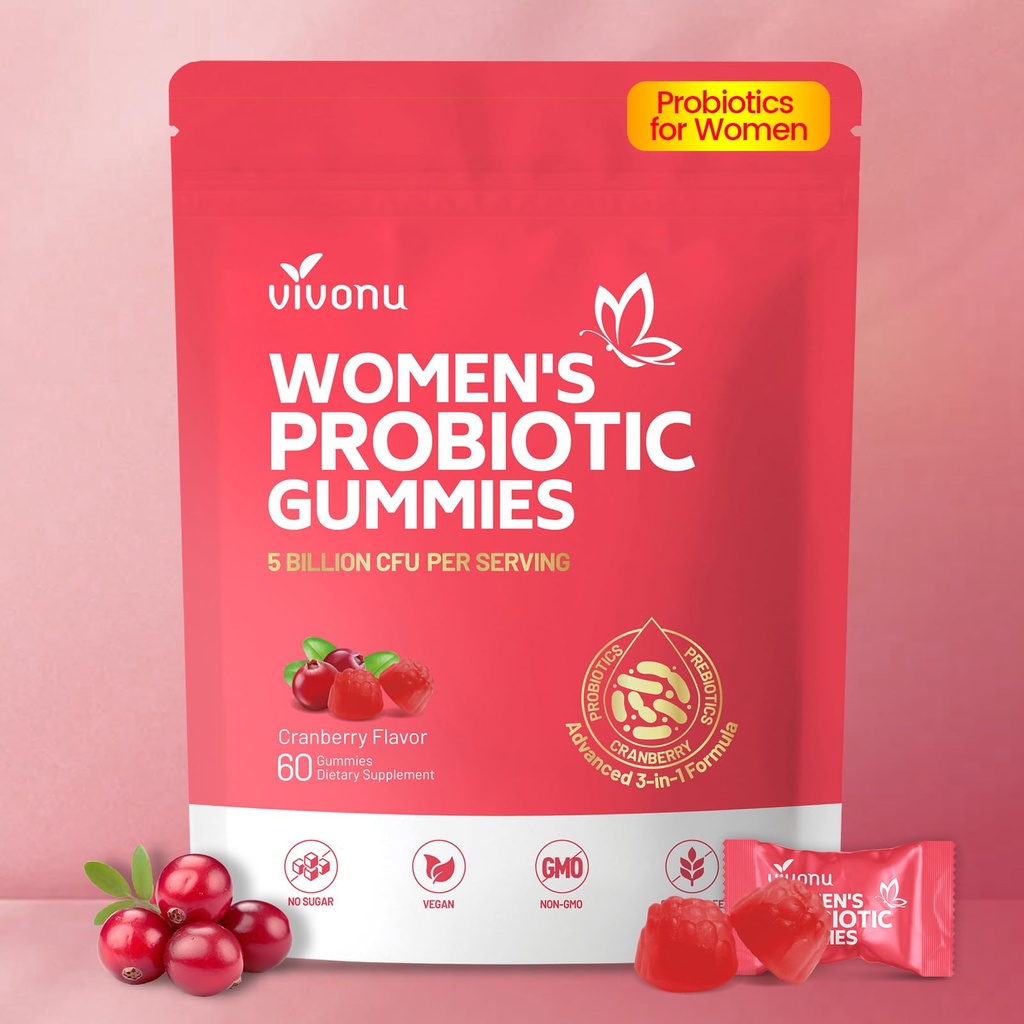 VivoNu Viginal Probiotika für Frauen, Frauen Probiotische Gummie, Feminine Balance Gummies, Prebiotische Gummy, Cranberry Probiotics für Frau Vaginigal Health, Hefe Ph Balance| 60 Gummies