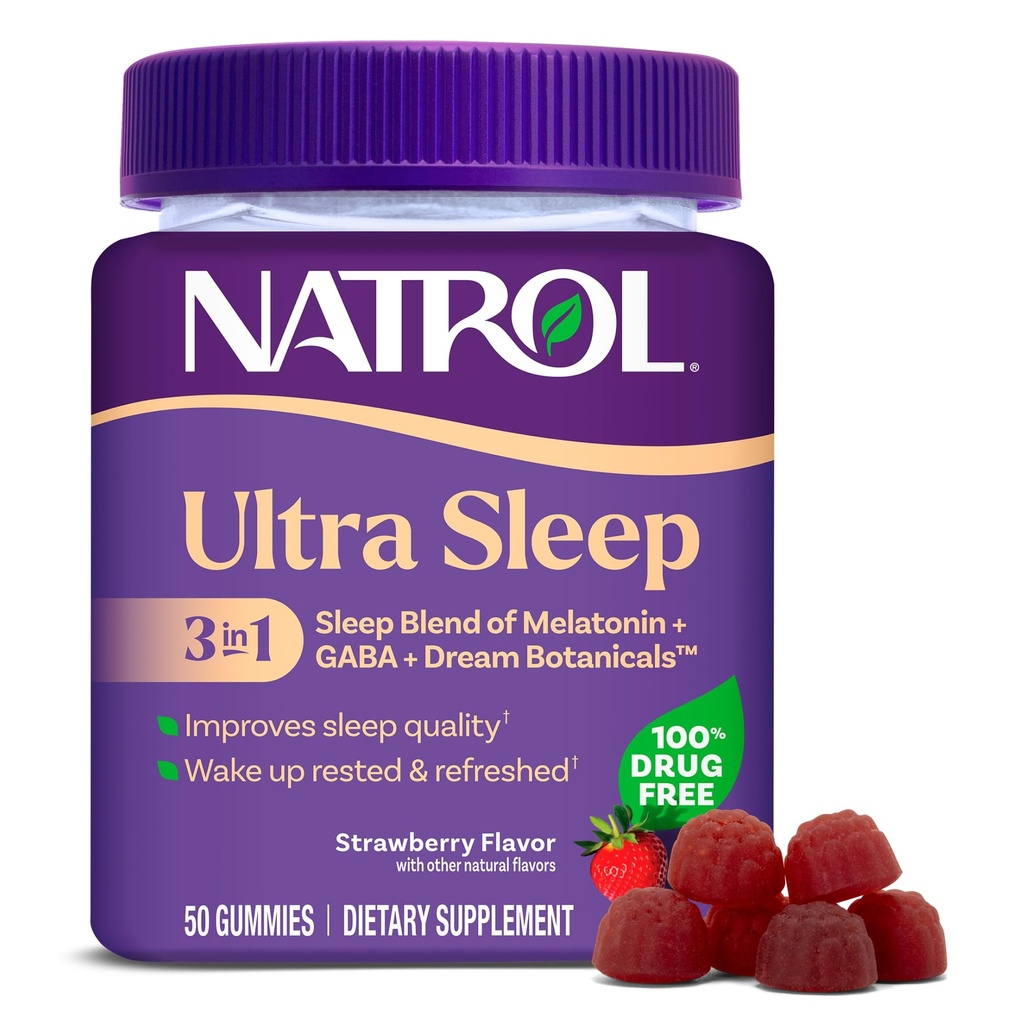 Natrol Ultra Sleep 3-in-1 100% Drug-Free Sleep Aid Blend mit Melatonin, GABA & Botanicals, Nahrungsergänzung, Non-Habit Forming, 50 Gummis