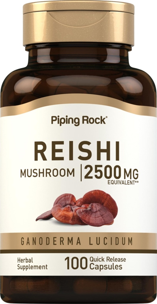 Piping Rock Reishi Mushroom Kapseln | 2500mg | 100 Pillen | Standardisierte Kräuterextrakt Ergänzung | mit Ganoderma Lucidum | Non GMO, Glutenfrei