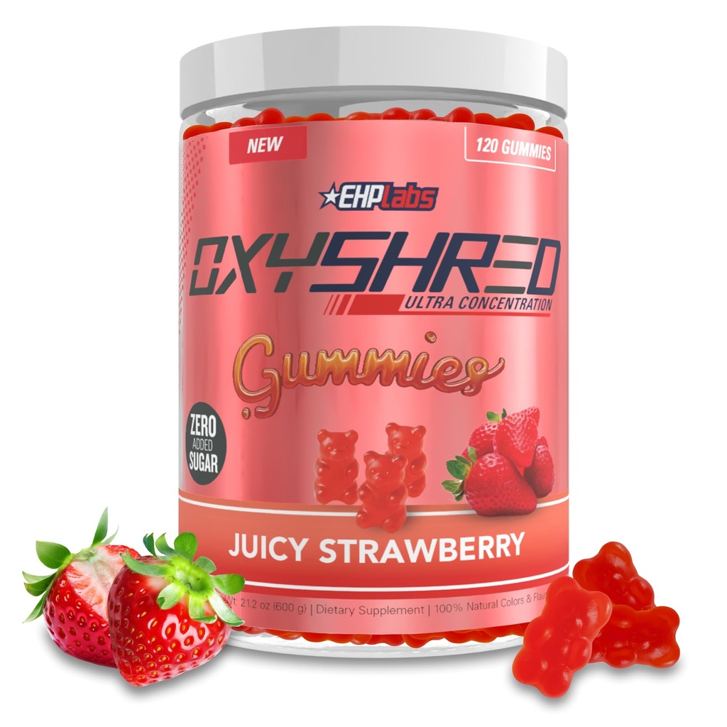 EHP Labs OxyShred Gummies - Pre Workout Gummis & Energy Chews mit 100mg Koffein, L-Carnitin für Thermo & Metabolic-Unterstützung, All Natural Energy Boost - Erdbeeren Flavor – 60 Servierungen