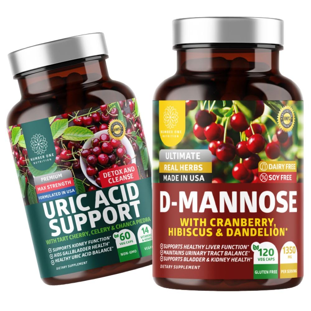 Number One Nutrition N1N Premium D-Mannose mit Cranberry & Hibiscus [1350mg], 120 Kapseln und Uric Acid-Unterstützung mit 14 Potent Kräutern, 60 Kapseln, 2 Pack Bundle