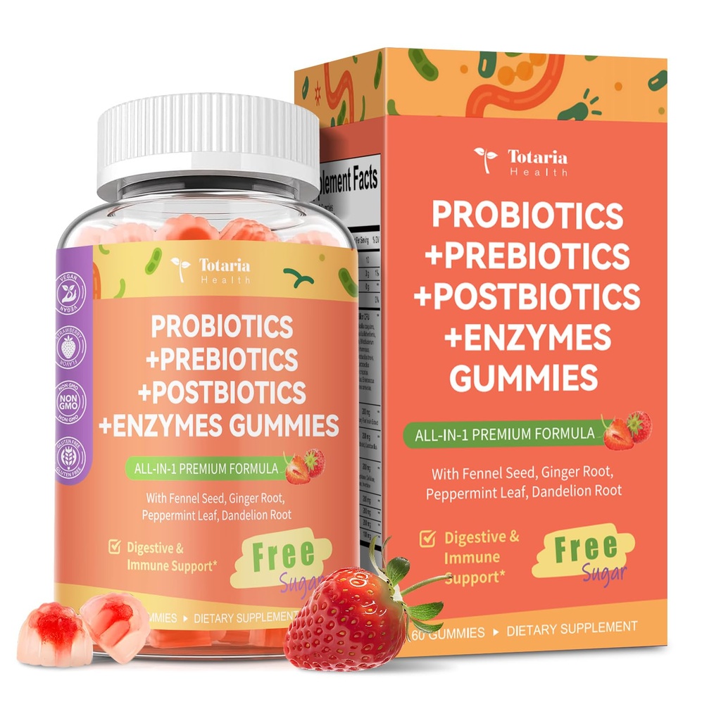 Totaria Sugar Free 5-in-1 Probiotisches Präbiotikum Postbiotisches Gummy, 36 Probiotika für Frauen Männer mit Verdauungsenzymen, Pfefferminze, vollständige Immun-, Darm- und Verdauungsunterstützung, Vegan, 60 Counts