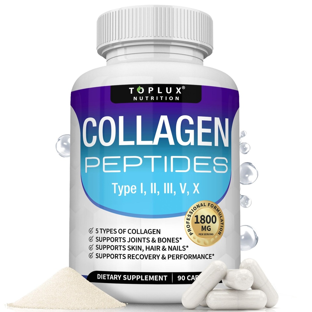 Toplux Multi Collagen Peptide Pillen 1800 Mg Complex - Typ I, II, III, V, X Premium Collagen Complex for Better Skin & Hair, Strong Joint, Hydrolyzed Protein, für Männer Frauen, 90 Kapseln, Supplement