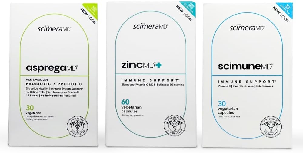ScimeraMD® AspregaMD 30CT Probiotic + Prebiotic, ScimeraMD® ScimuneMD 30CT Immununterstützung und ScimeraMD® ZincMD Immununterstützungsergänzung für Verdauungs- und Immunsystemunterstützung