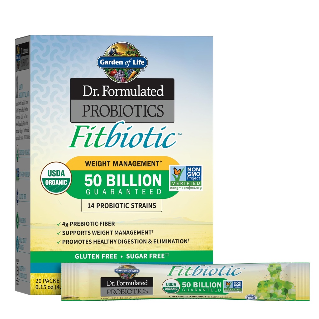 Garten des Lebens Dr. Formulierte Probiotics Fitbiotic Weight Management Powder, 50 Billion CFU & Prebiotic Fiber, Organic & Non-GMO Digestive Gut Health Probiotic Supplement, 20 Single Serving Packets