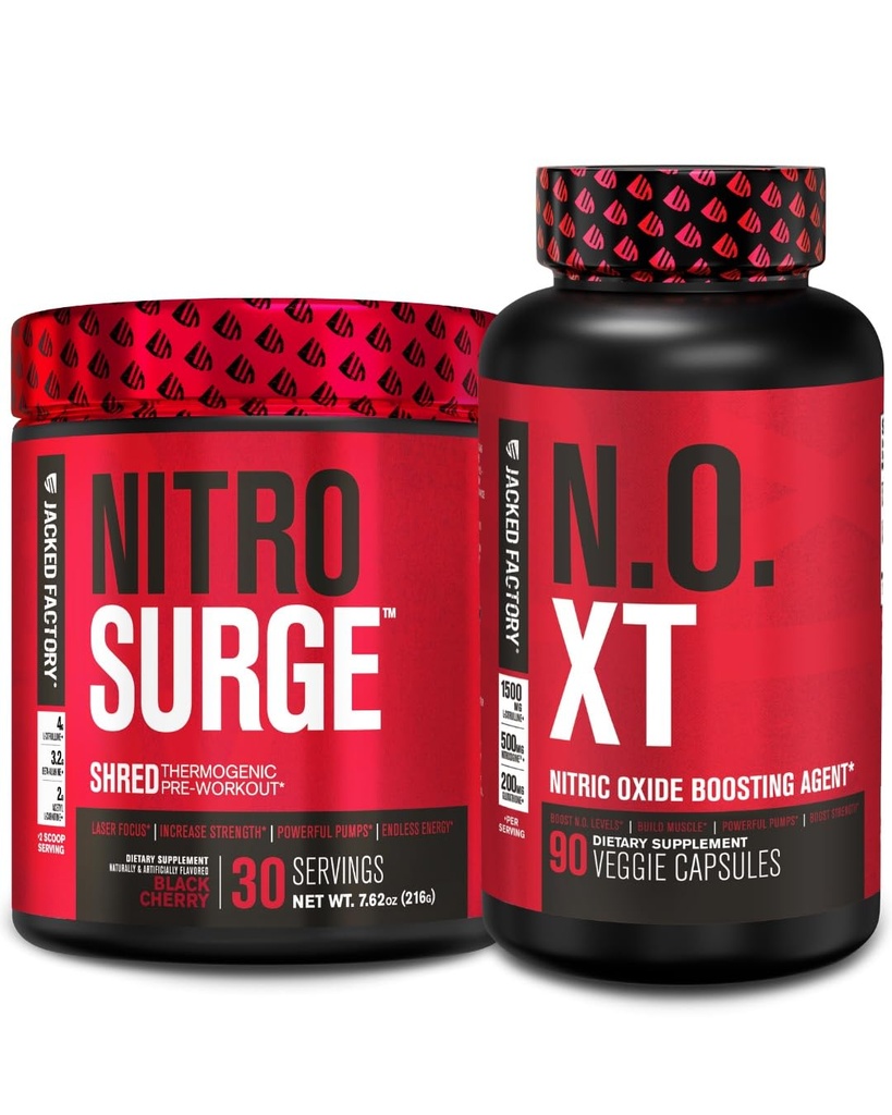 Jacked Factory Nitrosurge Shred Thermogenic PreWorkout in Black Cherry & N.O. XT Nitric Oxid Booster für Männer & Frauen