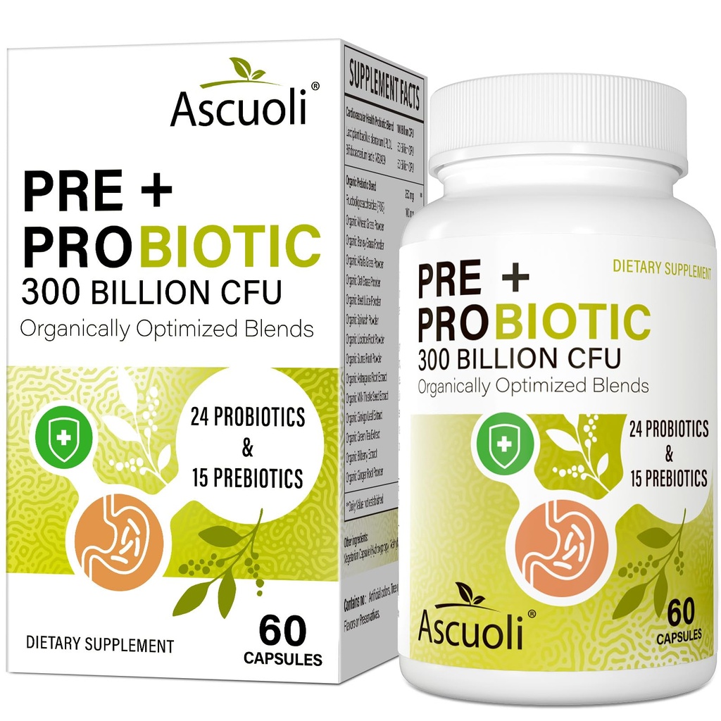 Ascuoli Probiotika für Frauen und Männer - 300 Milliarden CFU, 24 Stämme Probiotika + 15 Bio-Kräuter-Mischung, Tägliches Probiotikum für Verdauungsgesundheit, Immun, Darm, Blähungen - 60 Kapseln