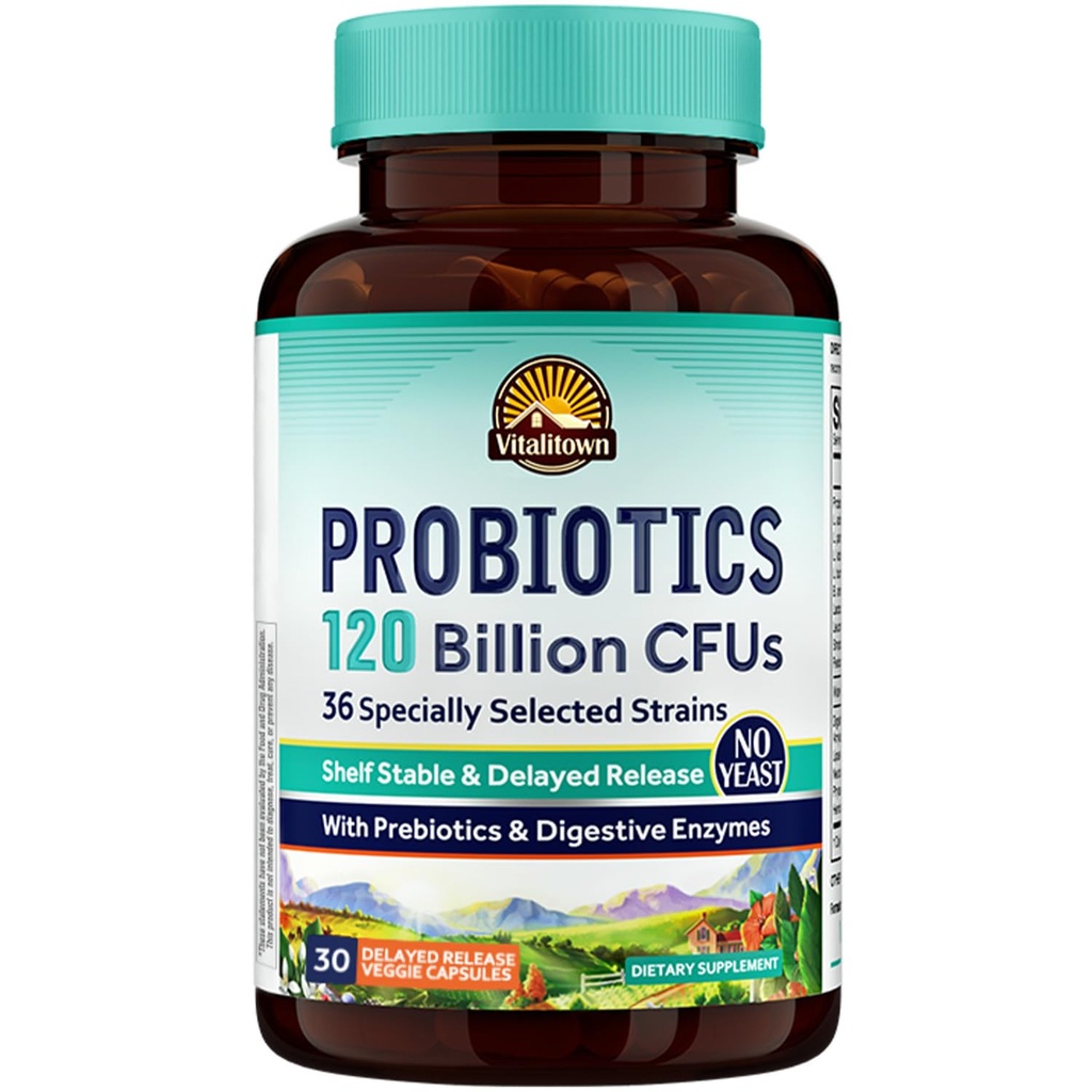 VITALITOWN Probiotics 120 Billion CFUs | 36 Strains, mit Präbiotika & Verdauungsenzyme für Männer Frauen | Shelfbar | Verdauungs- und Immununterstützung | Vegan, Non-GMO | 30 Delayed Release Veg Caps