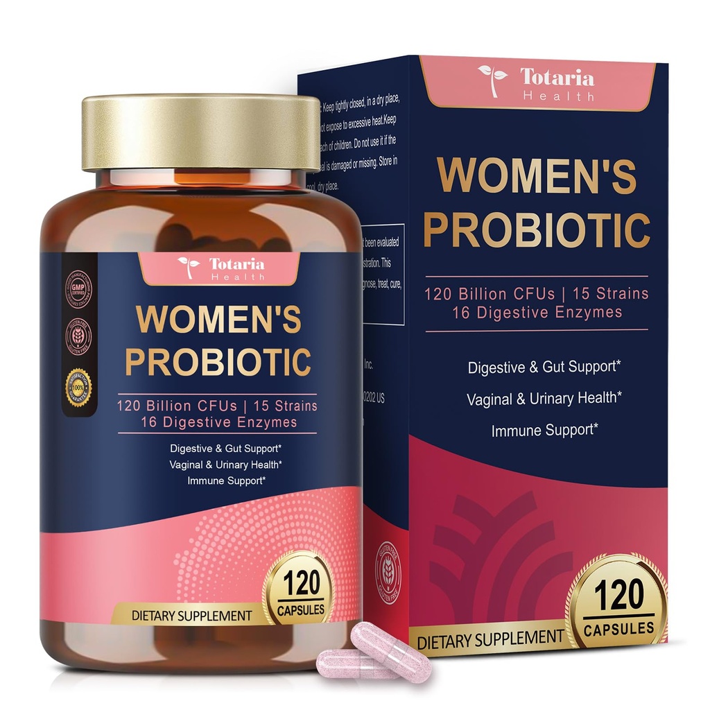 Totaria Probiotics for Women, 120 Billion Women Probiotic, with Akkermansia, Digestive Enzyme & Prebiotics, Cranberry, D-Mannose, für Gut, Vaginal, Urinary, Immune, PH Balance, 120 Vegan Capules