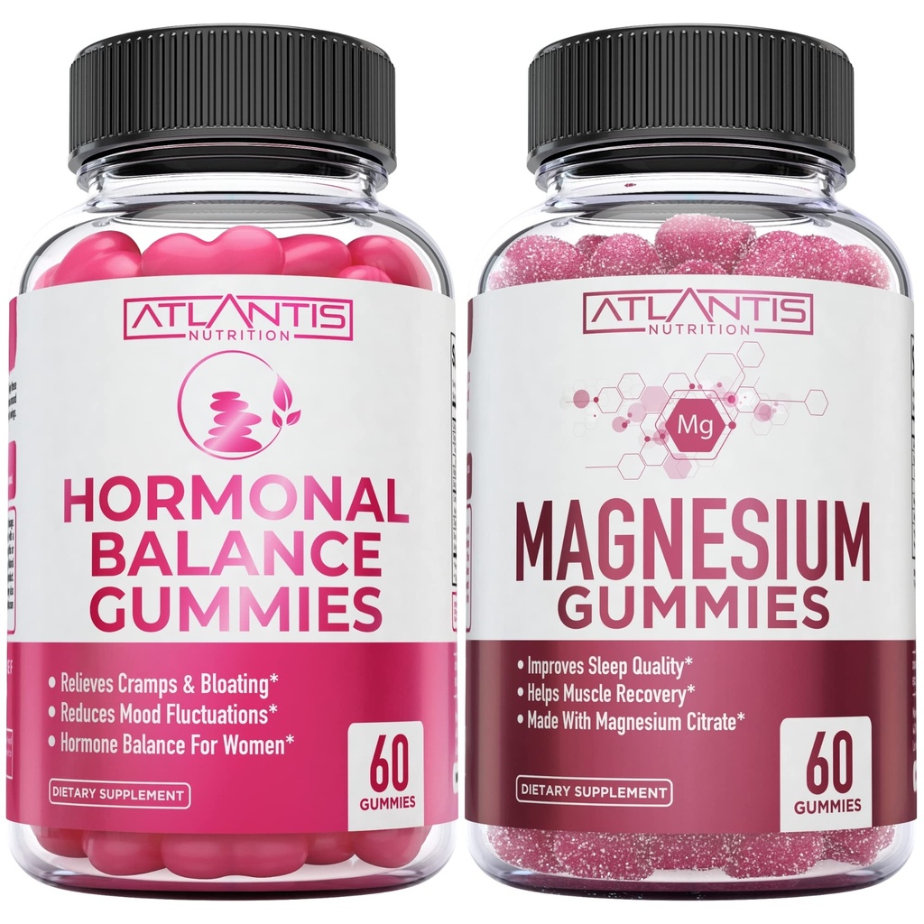 Hormonal Balance & Magnesium Gummis für Muskelkrämpfe, PMS Gummis Alleviate Bloating & Mood Swings, Magnesium hilft Cramps zu verhindern & fördert Muskelrückgewinnung - 60 Vegan Gummis pro Flasche
