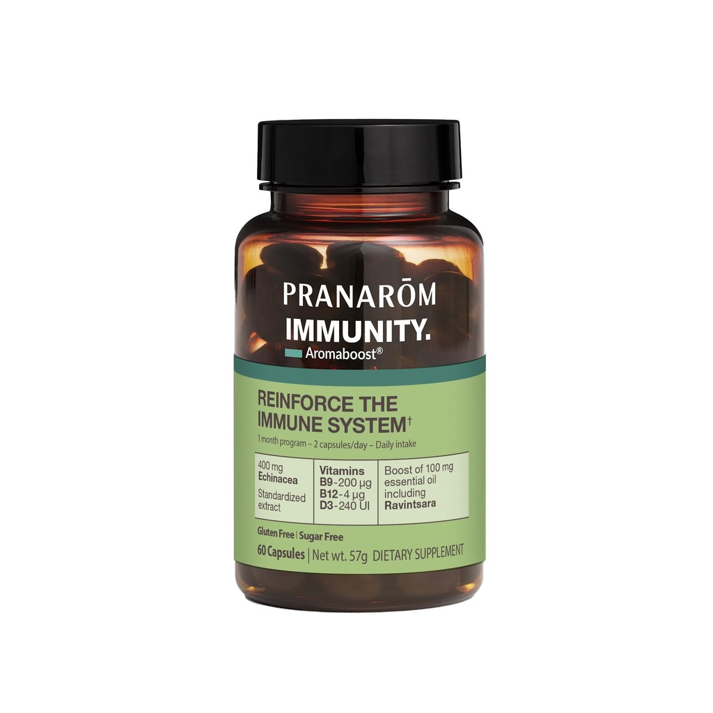 Pranarom - Aromaboost Immunität Kräuterergänzung - Schwarz Cumin, Echinacea, Vitamine B9, B12, D3, Pure Ravintsara Essential Oil für Immununterstützung - 60 Kapseln