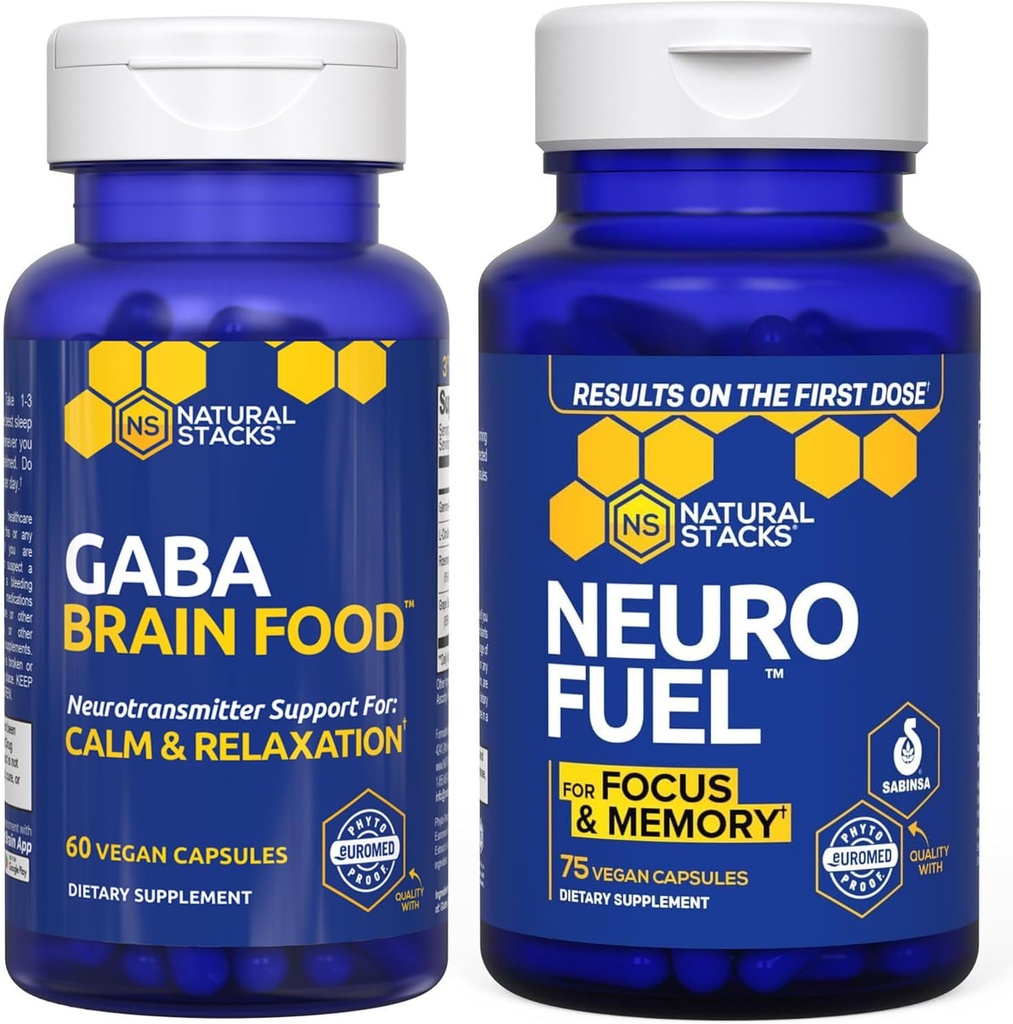 NATURAL STACKS NeuroFuel Nootropic + GABA Brain Food Bundle - Unterstützt Gedächtnis, Entspannung & Fokus* - 135 Kapseln