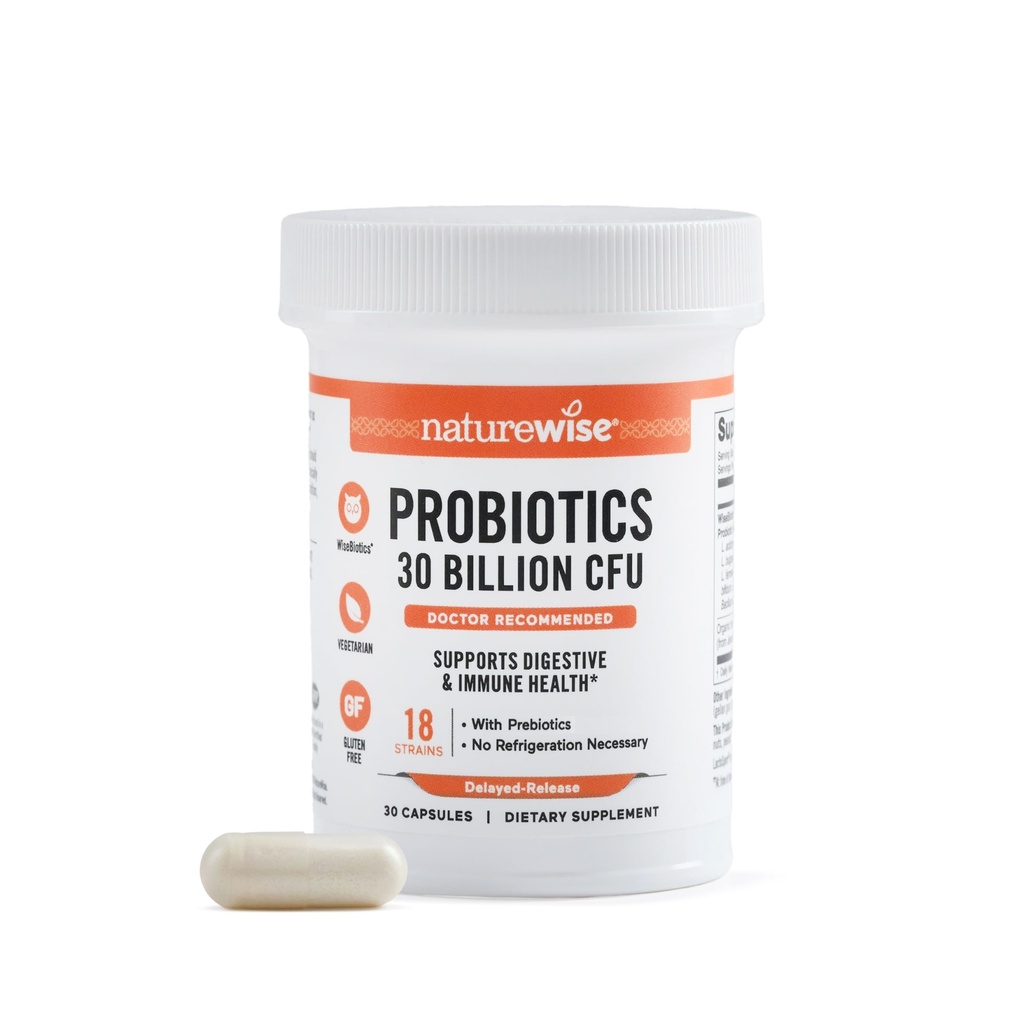 NatureWise Max Probiotics for Women & Men - 30 Billion CFU 18 Strains + Organic Prebiotics - For Gut & Digestive Health - Vegetarian, Delayed-Release Capsules, Gluten Free - 30 Capsules[30-Day Supply]