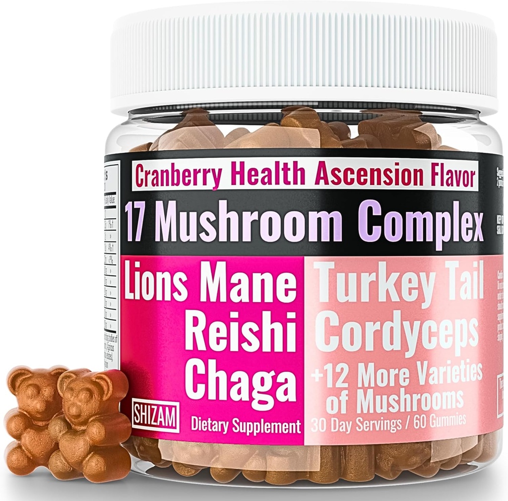 SHIZAM 17 Pilz Complex Gummis für Erwachsene Chaga Lions Mane Cordyceps Reishi Lion's Mane Turkeytail Turkey Tail, Better Daily Supplement Alt für Kapseln & Pulver Vitamine Super-Food Blend 10