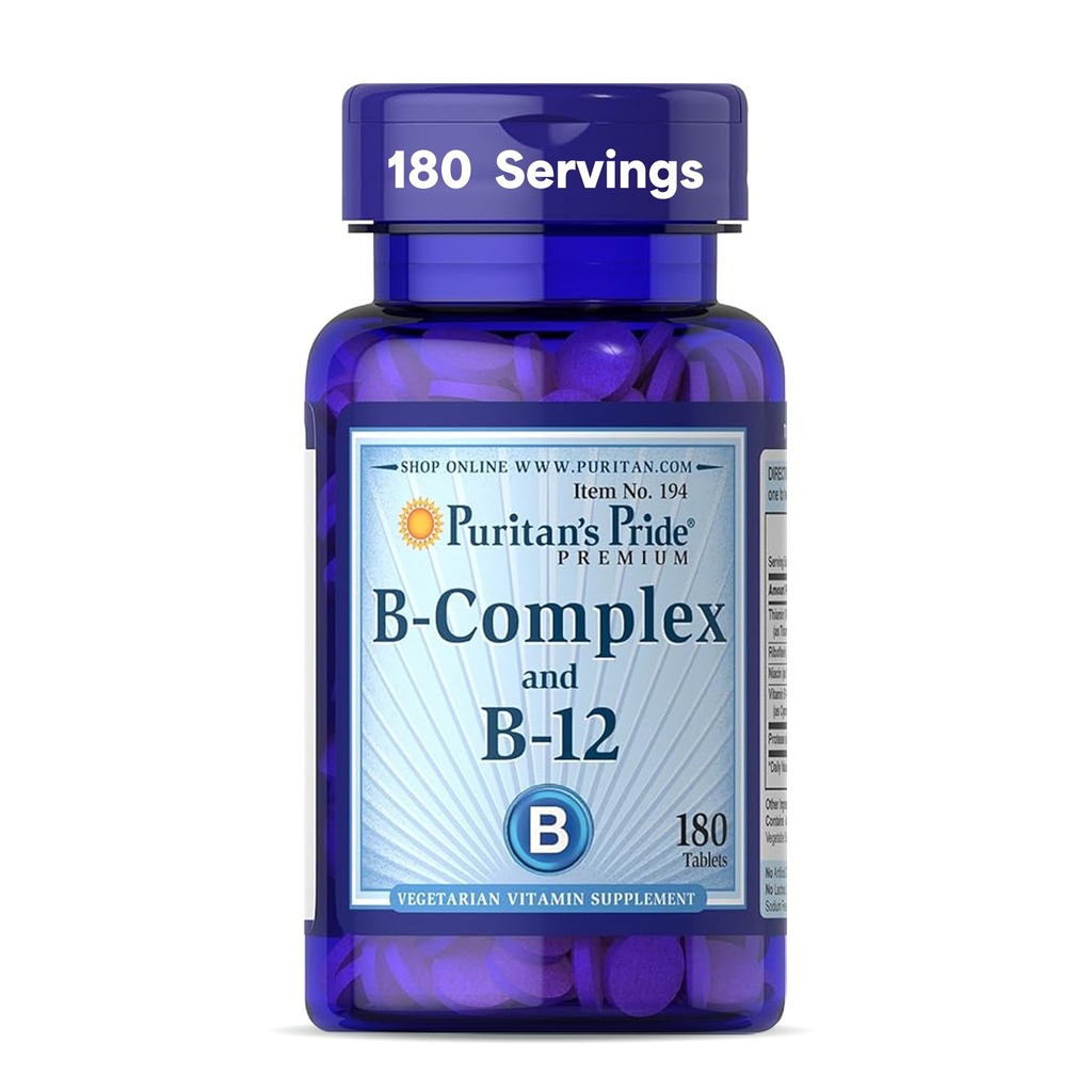Puritan's Pride Premium Vitamin B-Complex and Vitamin B-12, Vegetarian Dietary Supplement for Cellular Energy Production, Maintains Health of Skin and Nerve Support, 180 Tablets