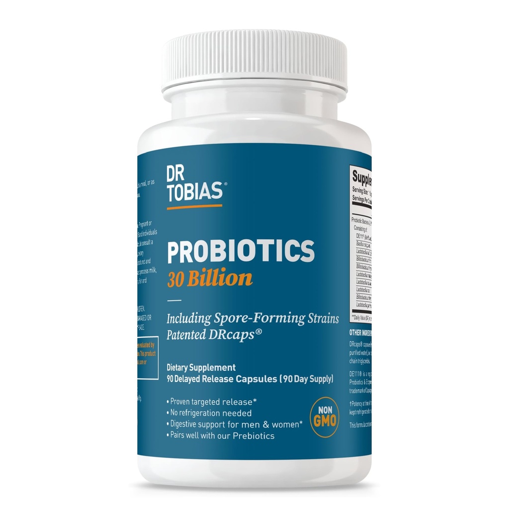 Dr. Tobias Probiotics 30 Billion, 10 Strains, 30 Billion CFU's, Targeted Release Probiotics for Women & Men, unterstützt Verdauungsgesundheit, Regal-Stable, Non-GMO, 90 Kapseln, 90 Servierungen