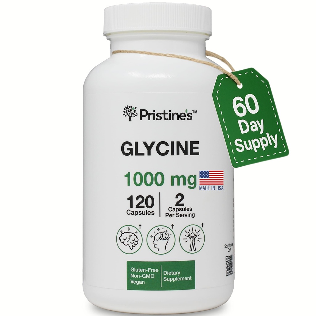 PRISTINE'S Glycine 1000MG Amino Acid Sleep Support Supplement Capsules - 60 Day Supply - Muscle Recovery, Collagen & Kidney Support Supplement - Vegan, Non GMO, Gluten Free