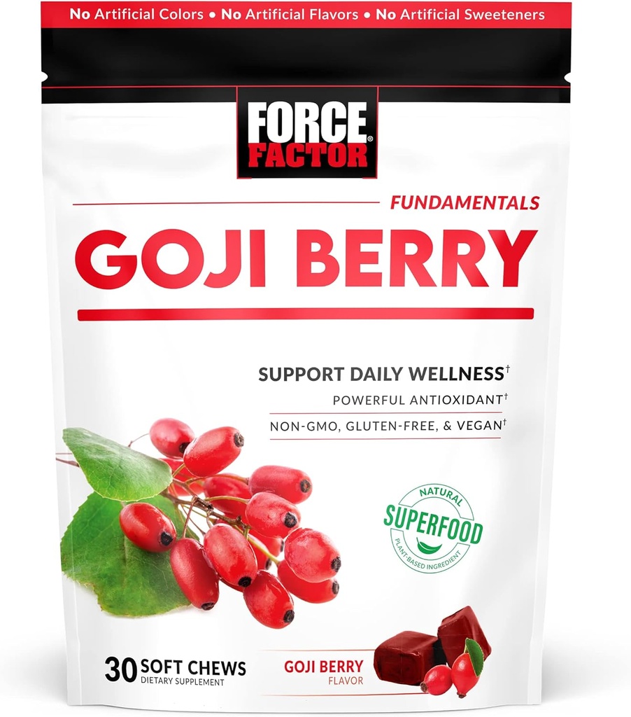 FORCE FACTOR Goji Berry Soft Chews Superfood Antioxidantien Ergänzung zu gesunden Augen und Haut, Immune Gesundheit und Entzündung, Non-GMO, Gluten-Free, & Vegan, Goji Berry Flavor, 30 Soft Chews