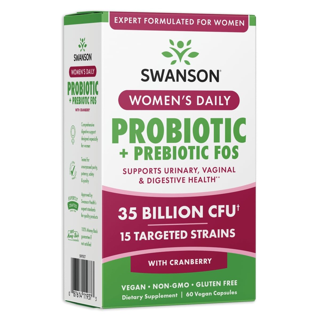 Swanson Women's Daily Probiotic with Prebiotic FOS - Digestive Health Supplement - Vegan Capsules - 60 Count
