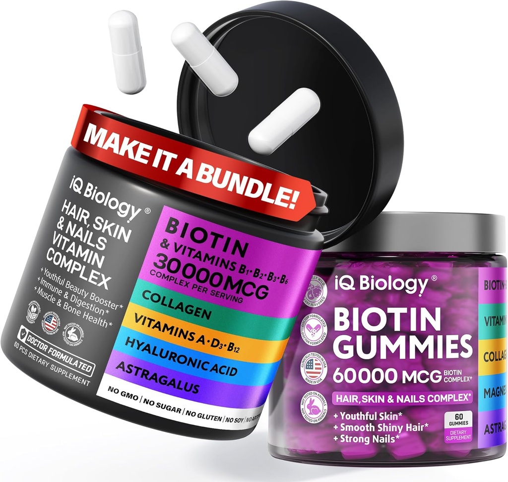Biotin Haarwachstum Bundle - Biotin Vitamine & Keratin Kapseln + Haargummis mit Collagen & Astragalus - Haar Haut Nägel Vitamine für Frauen & Männer | 60 Caps + 60 Gummi