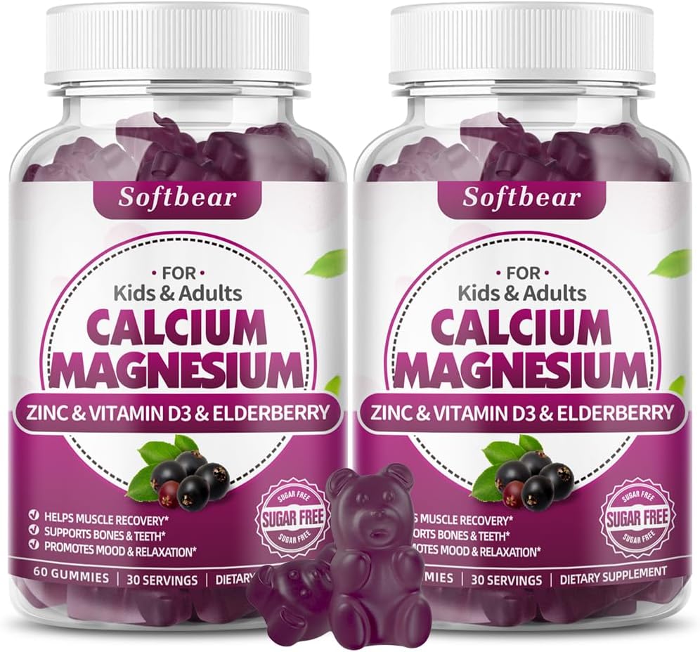softbear Calcium Magnesium Zink Gummi für Erwachsene & Kinder, Suagr-Free Calcium Magnesium Zink Vitamin D3 Nahrungsergänzung für Knochenstärke & Immun Gesundheit, Elderberry Flavor 120 Count