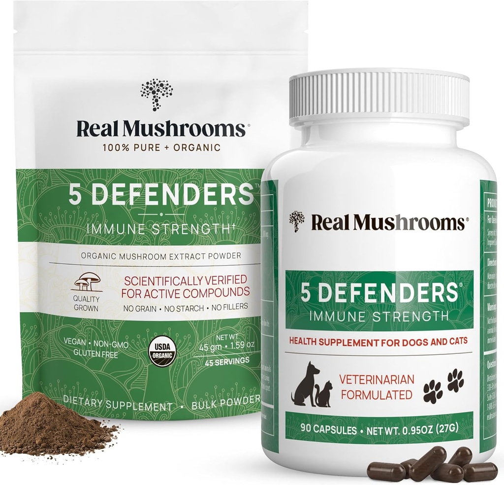 Reale Pilze 5 Verteidiger für Menschen (45g) & Haustiere (90ct) - Pouch & Kapseln Bundle - Chaga, Shiitake, Maitake, Türkei Tail & Reishi Mushroom - für Immunstärke & Gesamt Wohlbefinden - Vegan, Non-GMO