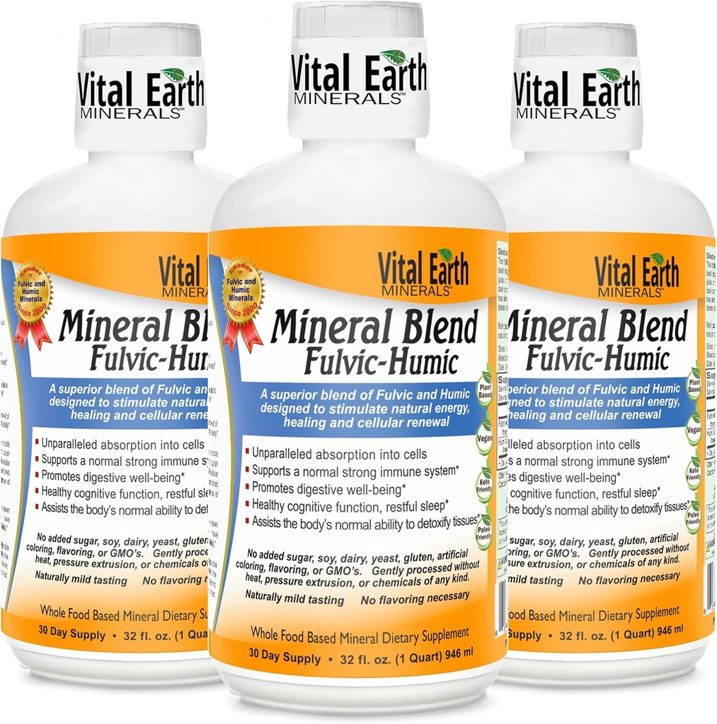 Vital Earth Minerals Fulvic Humic Mineral Blend Liquid 3-Pack – Fulvic Acid Supplement mit 70+ Trace Minerals, Elektrolyte für Erholung, Balance & Energy, 32 Oz Ea + 1 Oz Cup Ea
