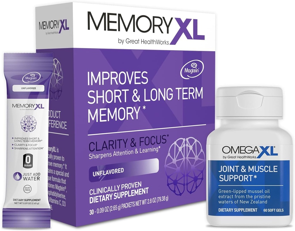 OmegaXL Gelenkunterstützungsergänzung, für Relief - Natürliche Muskelunterstützung, Green Lipped Mussel Öl, 60 Count & MemoryXL, Magnesium L-Threonate: Gehirn-Ergänzung für Memory & Focus Unflavored 30 Pack