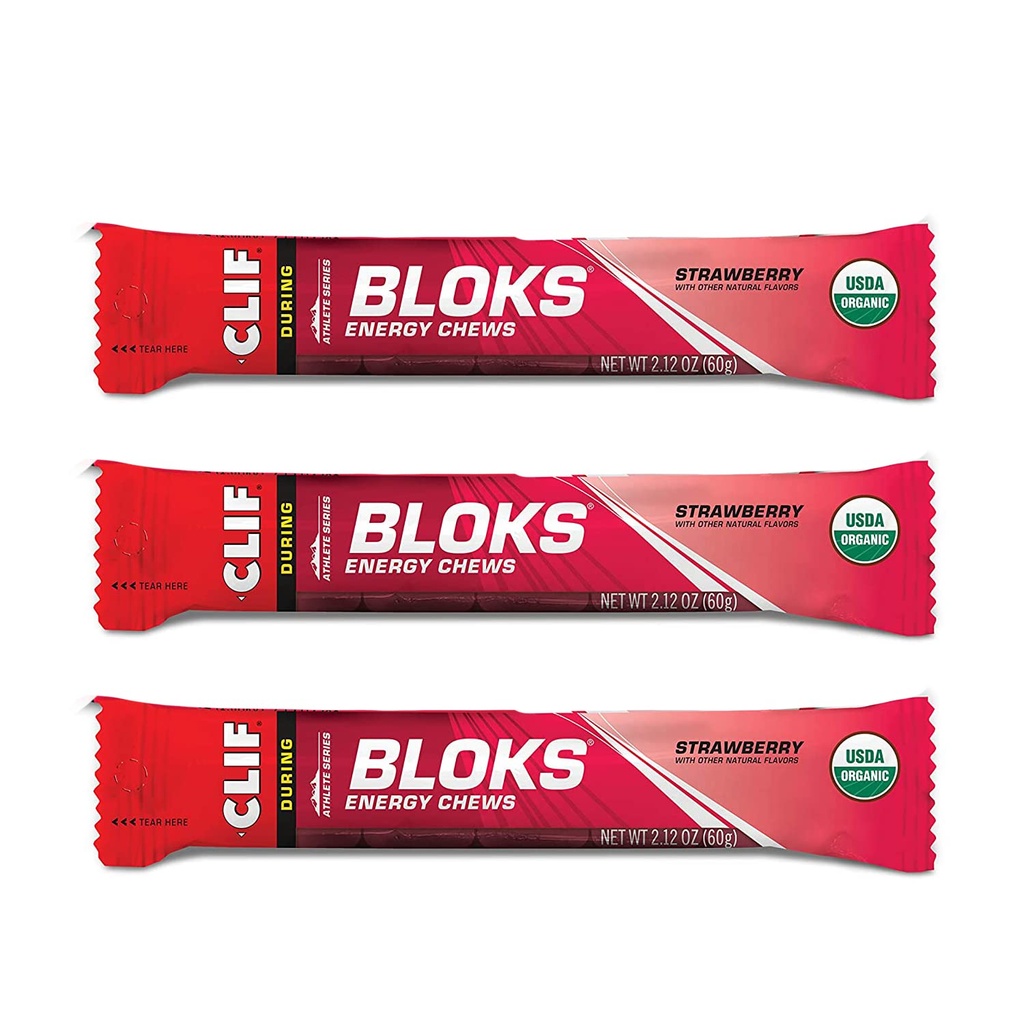 CLIF BLOKS - Energy Chews - Erdbeer- Non-GMO - Pflanzenbasierte Lebensmittel - Schneller Kraftstoff für Radfahren und Running-Workout Snack (2.1 Unnce Packet, 3 Count)