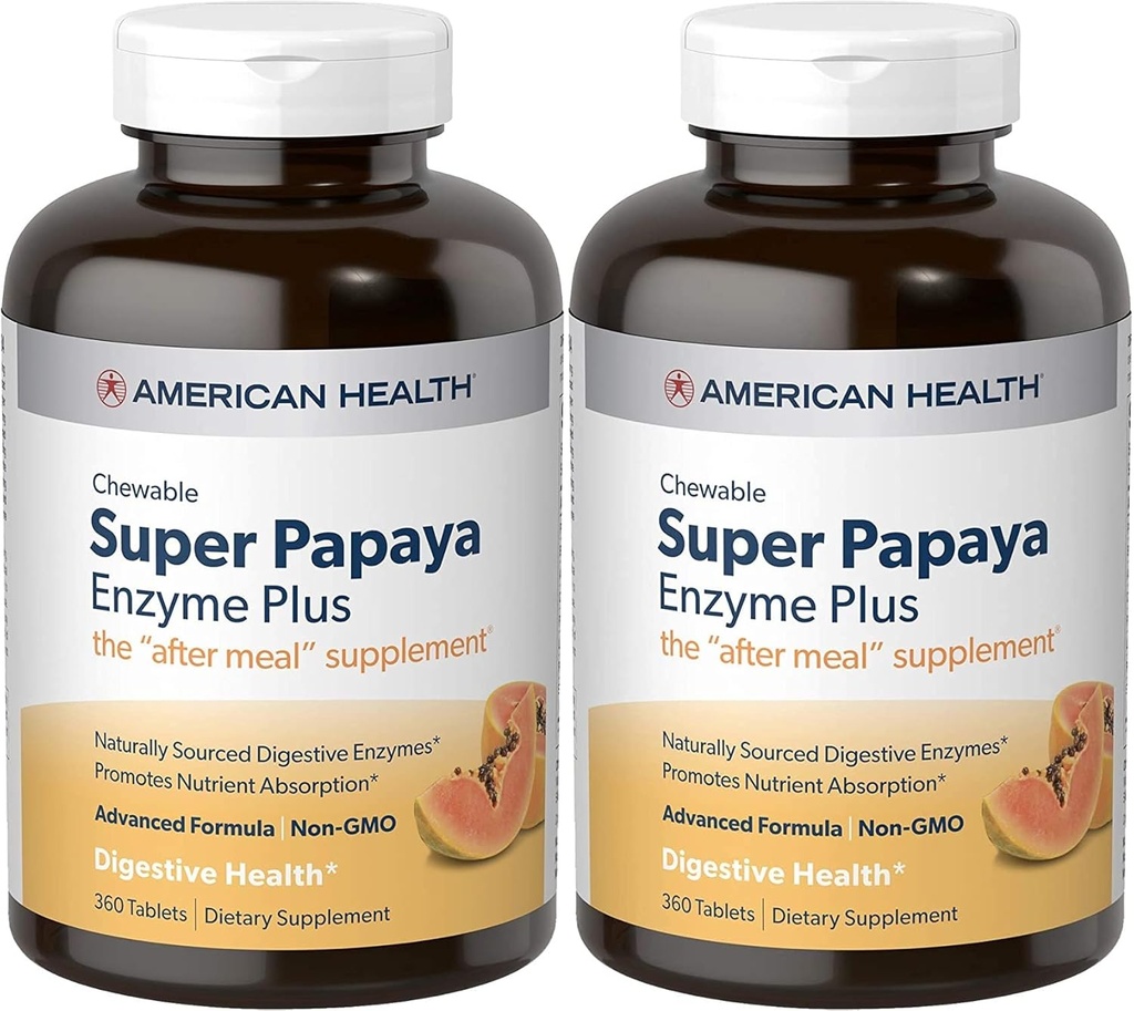 American Health Super Papaya Enzyme Plus Kautabletten, Natürliche Papaya Flavor - Fördert Verdauung & Nährstoffaufnahme, Enthält Papain & andere Enzyme - 360 Count - Pack von 2