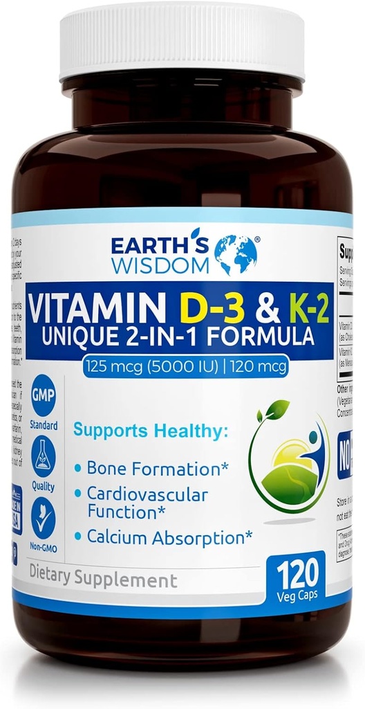 Erdweite Vitamin D3 5000 IU mit K2 (MK7) Formel. Muskel-, Knochen-, Herz- und Immununterstützung. Überlegene Absorption. 120 Kapseln. Frei von Gluten, Dairy, Soy. Non-GMO. Hergestellt in USA.