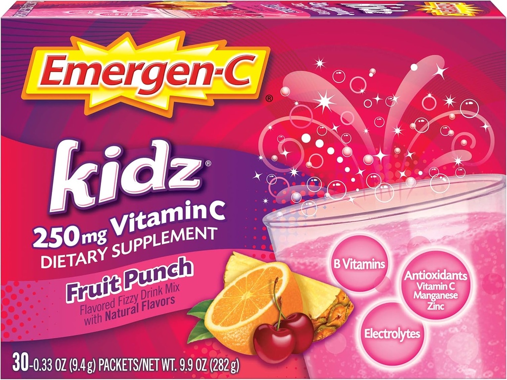 Emergen-C Kidz 250mg Kinder Vitamin C Pulver, Koffeinfrei, Immun-Unterstützungs-Getränk-Mix, Frucht-Punch Flavor - 30 Count/1 Monat Versorgung