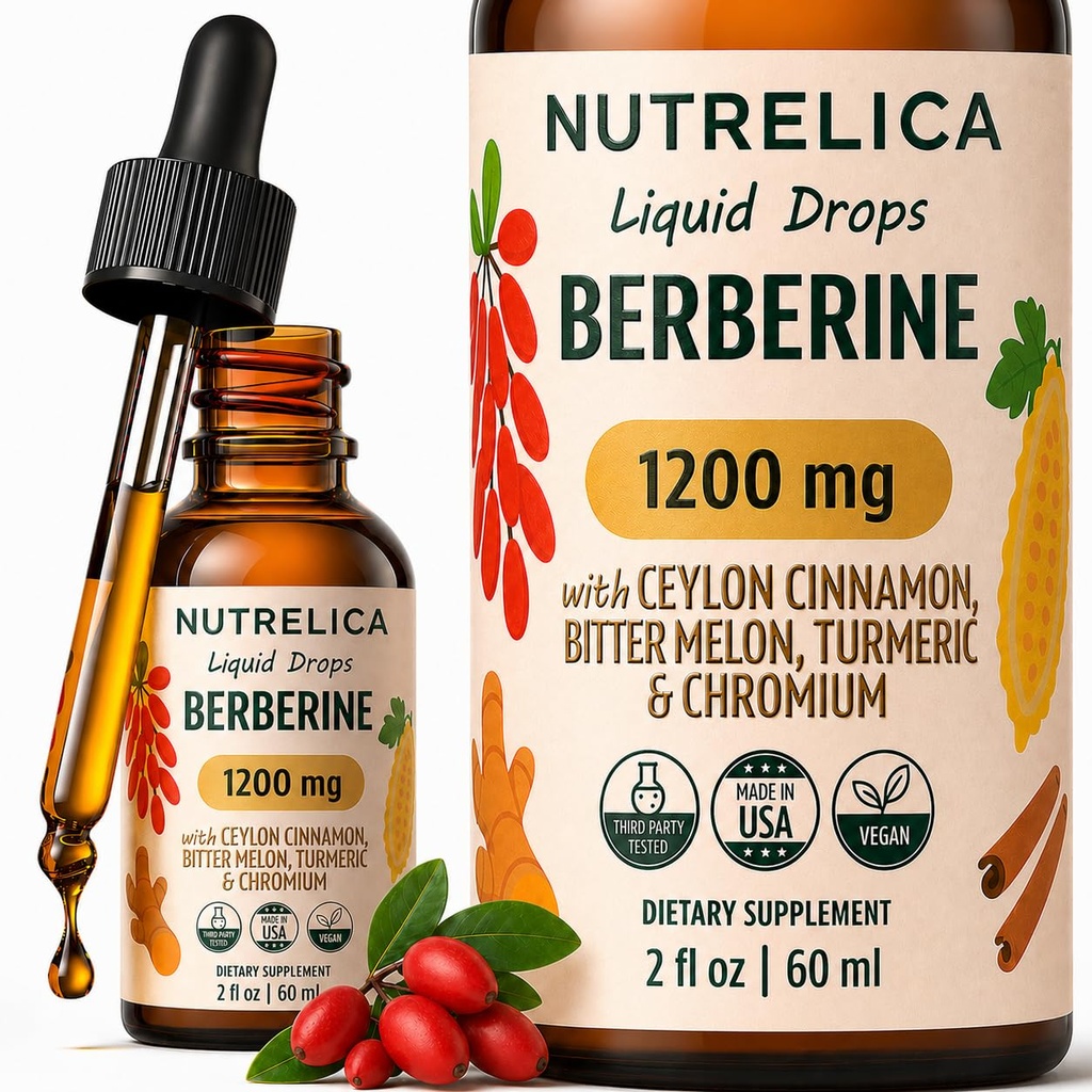 Berberine Complex with Ceylon Cinnamon, Bitter Melon, Turmeric & Chromium -1200mg - Liquid Herbal Supplement - Vegan, No Sugar, Non-GMO