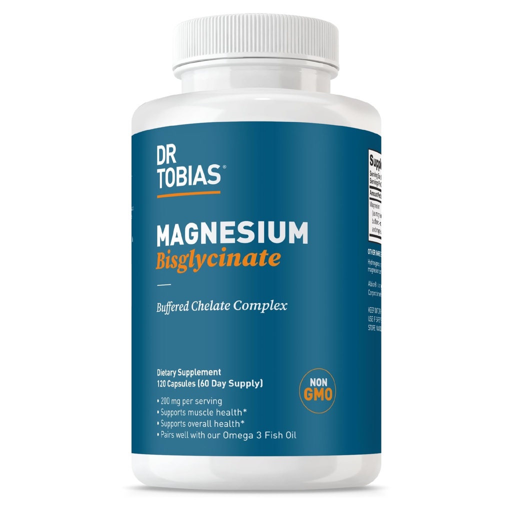 Dr. Tobias Magnesium Bisglycinat, High Absorption Magnesium Gepufferter Chelate Complex, 200 mg pro Kapsel, unterstützt Energie, Muskel, Knochen & Gelenkgesundheit, Non-GMO Magnesium Supplement, 120 Kapseln