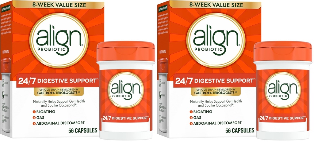 Align Probiotic, 24/7 Verdauungshilfe*§,Probiotics for Women and Men,Probiotics for Digestive Health,Men and Womens Probiotic Capsules Help Relieve Occasional Bloating & Gas*,56 Capsules,(Pack of 2)