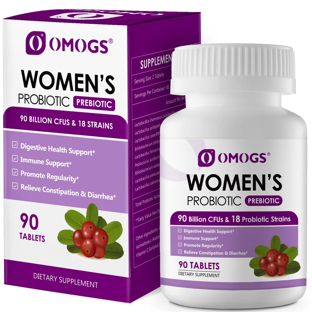 OMOGS Frauen Probiotikum, mit Cranberry-Extrakt, Organische Präbiotika & Vitamin C, 90 Milliarden CFUs, 18 Stämme, Hilfe für die Stärkung des Immunsystems, Verdauung, Darmgesundheit & Frauengesundheit, Gluten & Soja frei, 90 Tabletten