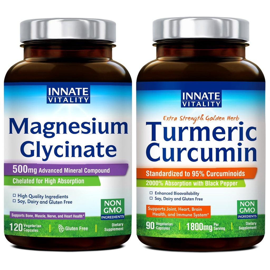 Innate Vitality Magnesium Glycinate & Turmeric Bundle, hohe Absorption, Gelenk, Muskel & Nerve Gesundheit, Schwarzer Pfeffer Extrakt, Bundle & Save, 120 Kapseln & 90 Kapseln
