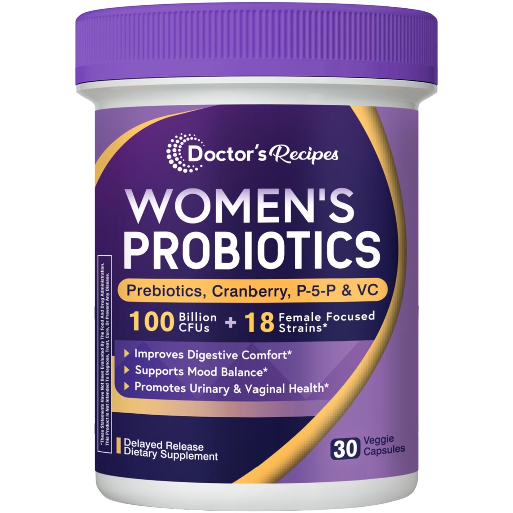 Arzt Rezepte Probiotika für Frauen, 100 Milliarden CFU, 18 Probiotische Stämme, Präbiotika, Cranberry, P-5-P & VC, Vaginal, Verdauungs- & Immununterstützung, Regal-stabil, 30 Vegan Caps