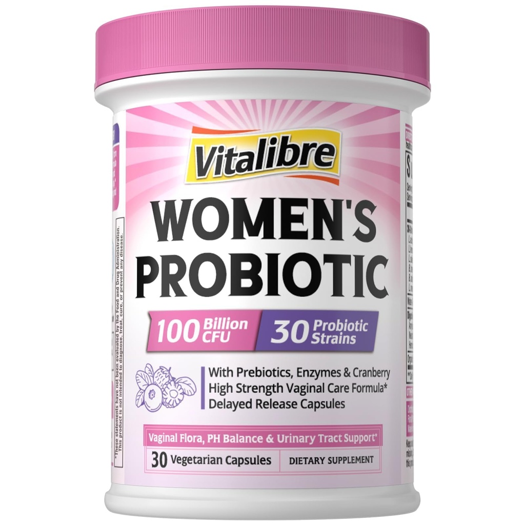 Vitalibre Probiotika für Frauen 30 Stämme, 100 Milliarden CFU Vaginal Probiotika mit Verdauungsenzymen, Präbiotika & Cranberry für Harnweg Gesundheit, pH-Balance, 30 Veggie-Kapseln