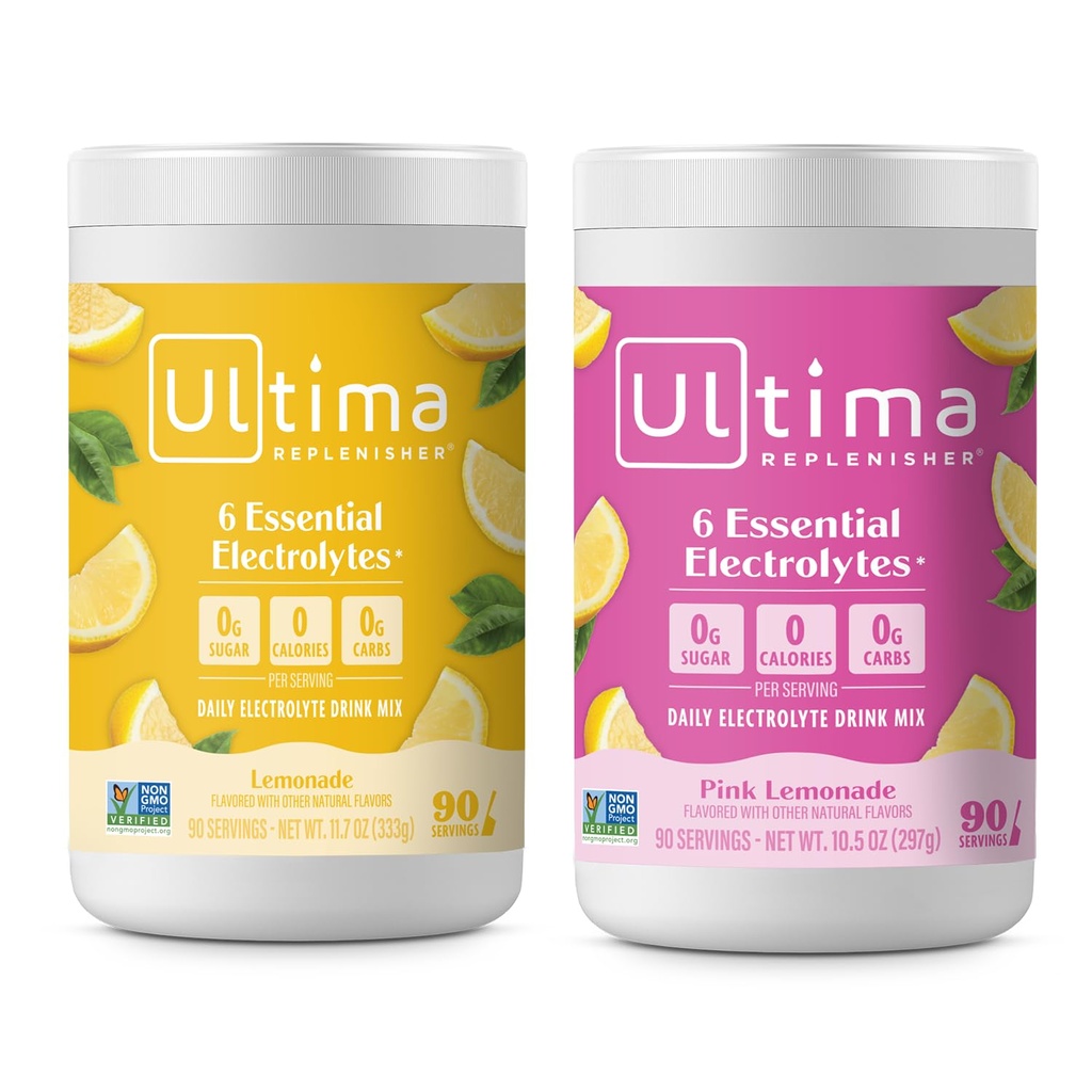 Ultima Replenisher Electrolyte Powder Drink Mix Bundle – Sugar Free – Lemonade und Pink Lemonade, 90 Servings– Hydration Powder - 6 Key Electrolytes und Trace Minerals – Keto Friendly, Non-GMO