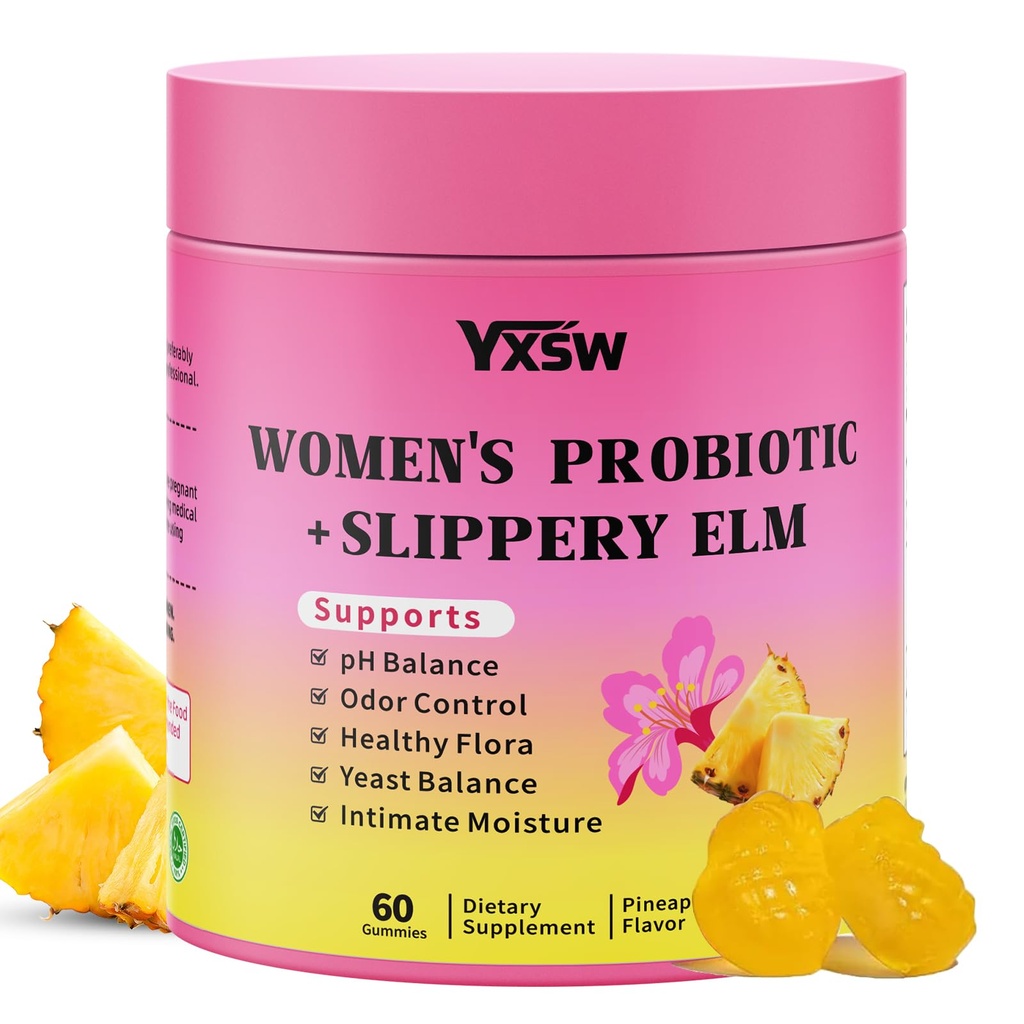 Women's Probiotics Slippery Elm Gummies, Sugar-Free Feminine Probiotics Gummies Support pH Balance, Gut Health & Immune System, Pineapple Flavor, 60 Count