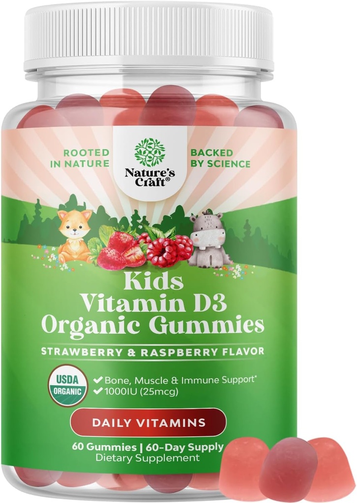 Natures Craft Bio Vitamin D Gummis für Kinder - Vegan Kinder Immunität unterstützen Gummis mit Vitamin D für tägliche Zähne Muskel- und Knochenunterstützung - Organic D3 Non GMO & Gluten Free 2 Month