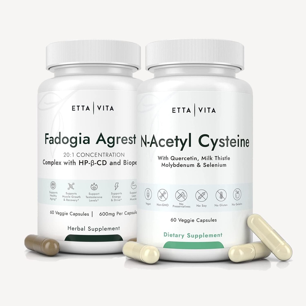 Etta Vita Fadogia Agrestis 600mg + N-Acetyl Cysteine 600mg Bundle, 3X Absorbency with BioPerine & HP-β- CD in Fadogia Agrestis, NAC Supplement with Quercetin, Milk Thistle, Molybdenum & Selenium