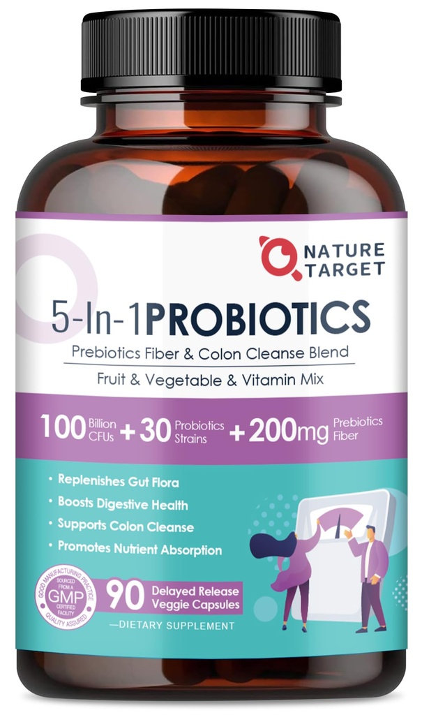 NATURE TARGET Probiotics for Women-Men Digestive Health, Mens-Womens Probiotic with Prebiotics, 100 Billion for Gut and Immune Health, No Refrigeration, 90 Veggie Capsules (45 Tage Versorgung)