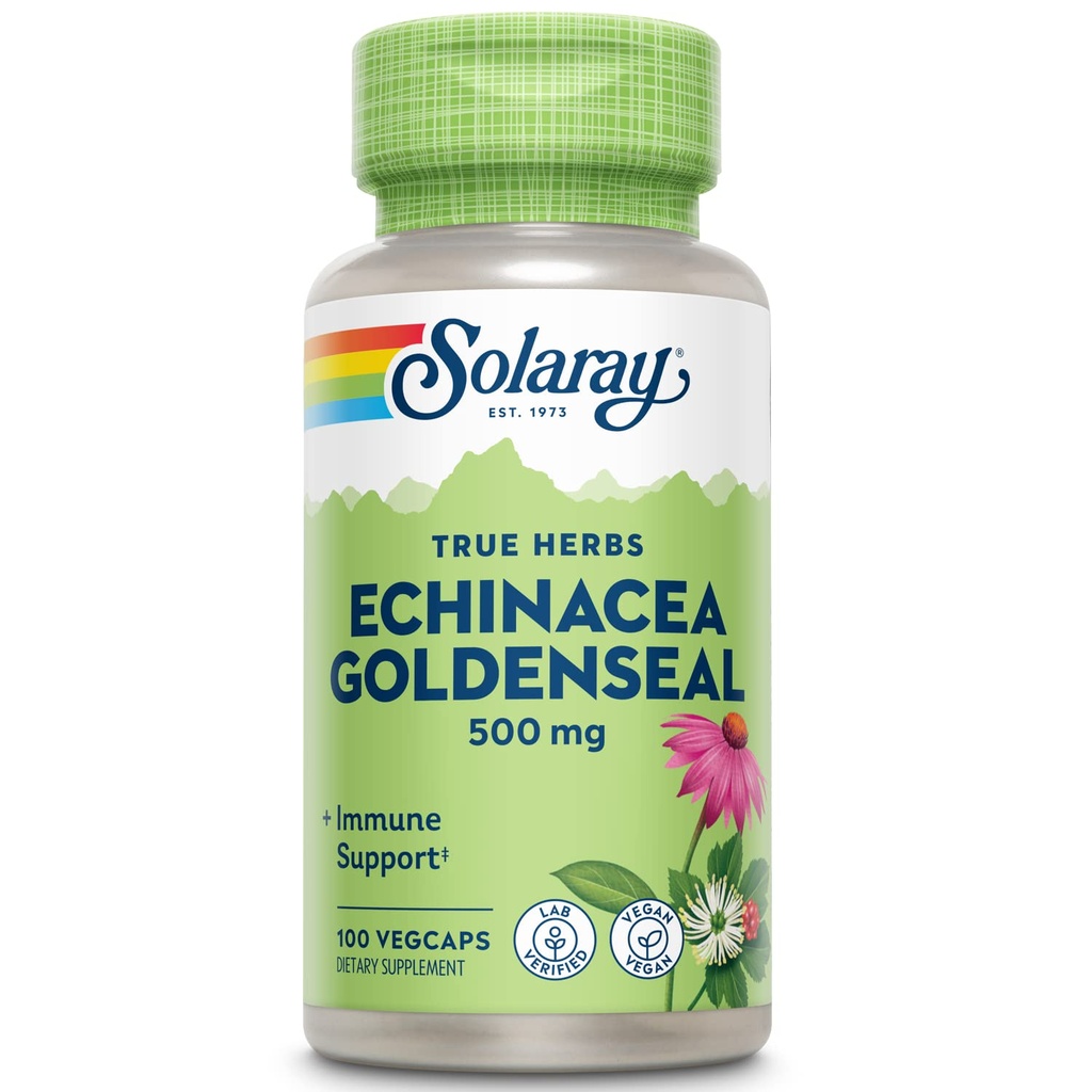 SOLARAY Echinacea Goldenseal - Leistungsstarke Mischung aus zwei Kräuter-Ergänzungen für Wellness-Unterstützung - 250mg Ea Echinacea Root und Goldenseal Root - Non GMO, Vegan, Gluten Free, 60-Day Garantie, 100 Servietten