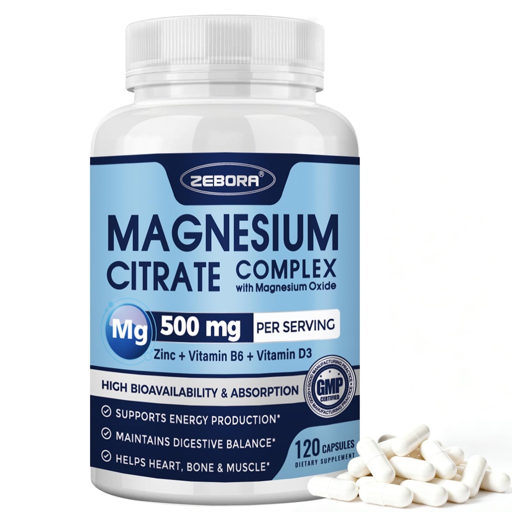 ZEBORA Magnesium Citrate 500mg 120 Capsules | Magnesium Complex Supplement for Immune Support, Enzyme Function, & Nervous System Support, Vegan, NON-GMO, Gluten Free